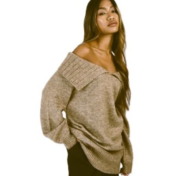 Women' Boohoo Oversized Knit Sweater Shawl Collar Tan Size Large - New with Tags - Picture 1 of 15
